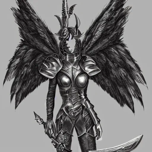 Image similar to a female winged gargoyle woman with a flaming sword, plate armor, fantasy, concept drawing