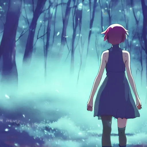 Image similar to anime, incredible wide screenshot, ultrawide, watercolor, studio ghibli, rough paper texture, ghost in the shell movie scene, girl in a dress walking through the beautiful forest, outdoors, fireflies!!!!, fog, dust