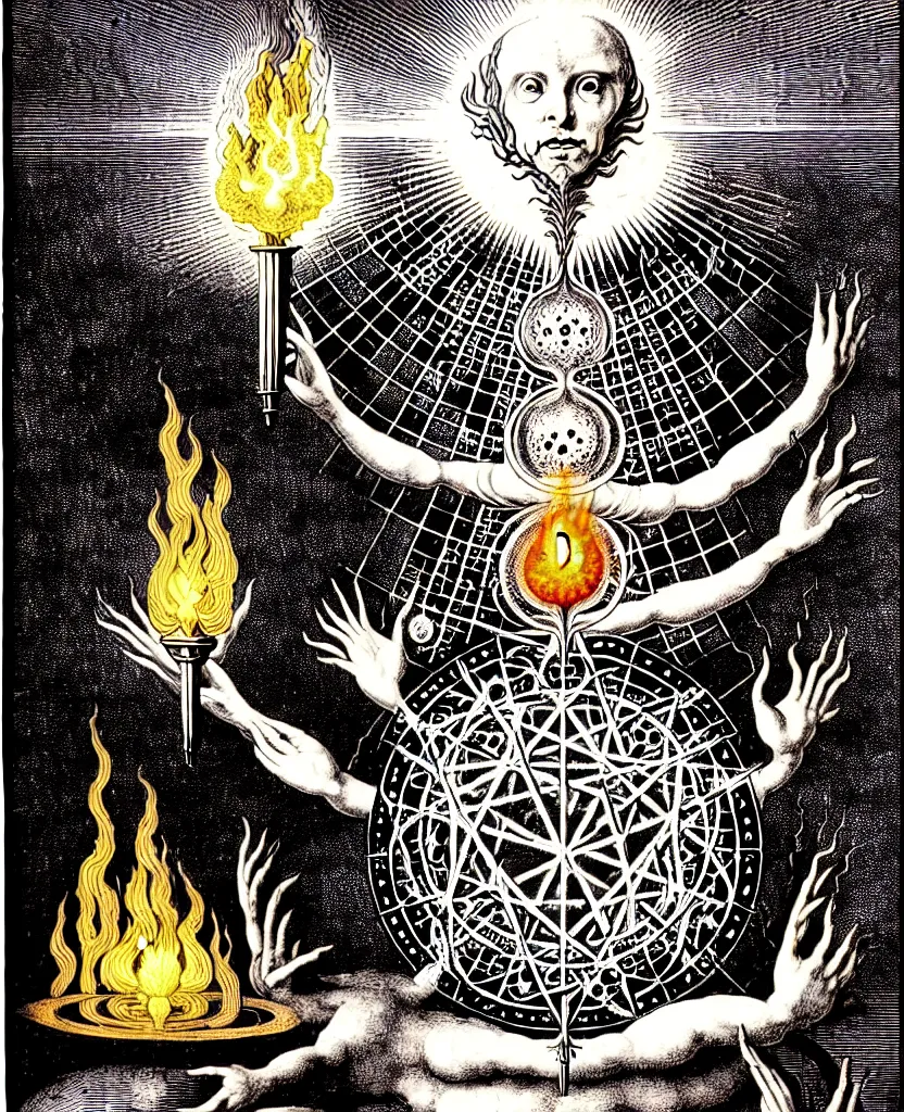 Image similar to alchemical fiery creature sings a unique canto about'as above so below'being ignited by the spirit of haeckel and robert fludd, breakthrough is iminent, glory be to the magic within