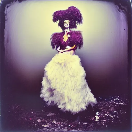 Image similar to damaged kodak portra 4 0 0, wetplate, photo of a surreal artsy dream scene,, very beautiful model, weird fashion, grotesque, extravagant dress, strange pose, carneval, with an animal, wtf, photographed by paolo roversi style