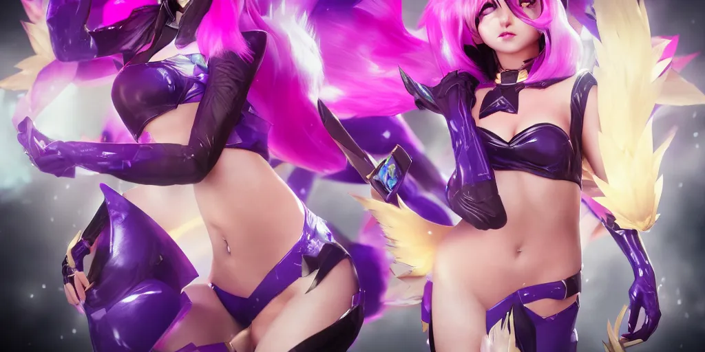 Image similar to Magazine cover with KDA Ahri (League of Legends). 3d render, octane render, game art, realistic, highly detailed, trending on artstation, 4k, trending on artstation, pixar, cgsociety, unreal engine 5, redshift render, trending on artstation, blender, behance, cg