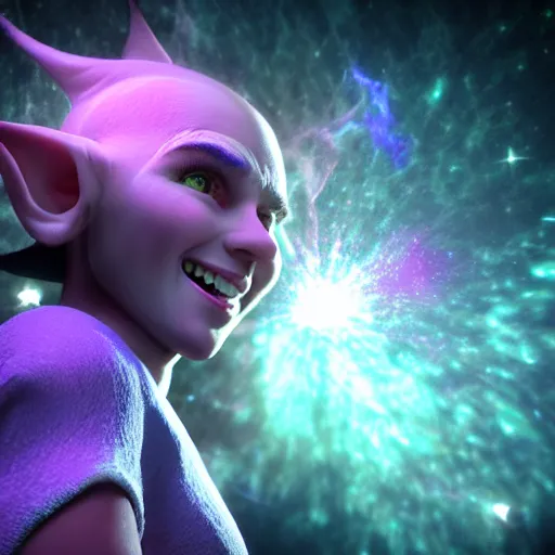 Image similar to a mischievous elf with violet skin reflecting a laser light, a scarred face, chuckling, with a nebula behind them, in the style of gary frank and rafael albuqurque, rendered in unreal engine