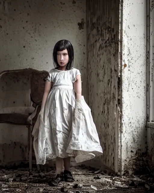 Prompt: an amazing award winning photo of a creepy little girl wearing a dirty white dress with long wet black hair covering her face standing in a filthy room in an abandoned old asylum, photo by mario testino, 8k octane render, cinematic, hyper detailed, micro details, insanely detailed, trending on artstation, concept art