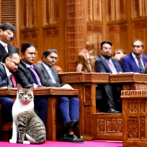 Prompt: cat sitting on chair in lok sabha among the politicians, ani, sony a 7 r