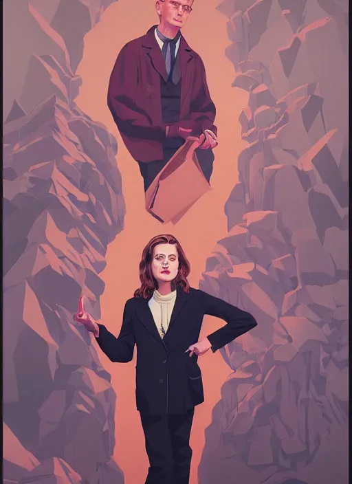 Prompt: Twin Peaks poster artwork by Michael Whelan and Tomer Hanuka, Rendering of portrait of Kiernan Shipka dressed turtle neck and lab coat, full of details, by Makoto Shinkai and thomas kinkade, Matte painting, trending on artstation and unreal engine