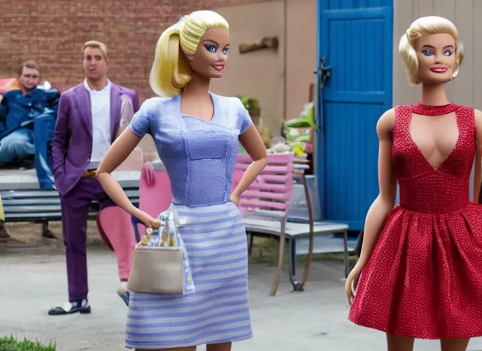 Prompt: a movie still of margot robbie as barbie. ryan gosling as ken doll. on the set of the new barbie movie.