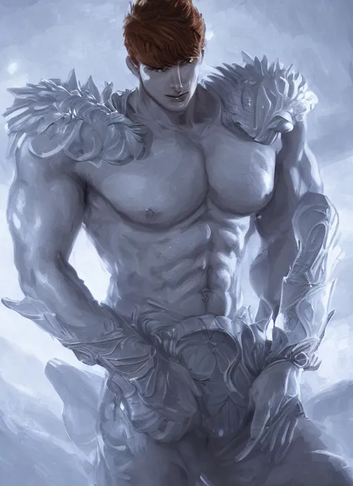 Prompt: a highly detailed illustration of short ginger haired man wearing white suit, dramatic holding grimoire pose, muscular, intricate, elegant, highly detailed, centered, digital painting, artstation, concept art, smooth, sharp focus, league of legends concept art, WLOP