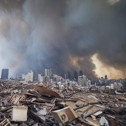 Image similar to a city is getting destroyed and buildings and palaces are collapsing a man from higher elevation looking at city while fire is everywhere and dead bodies and broken buildings are everywhere detailed