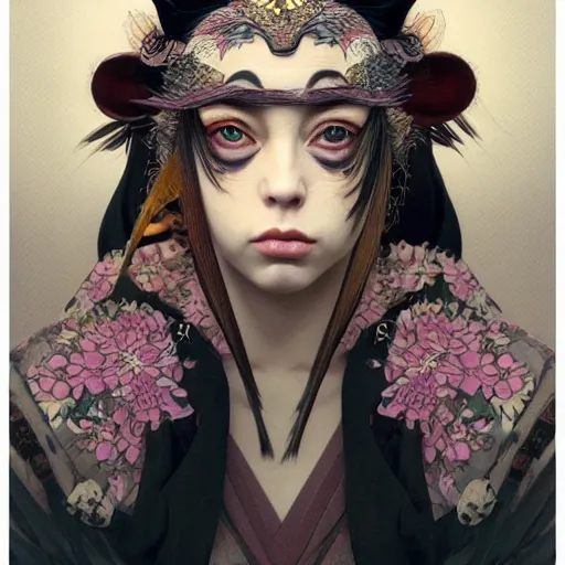 Prompt: a photorealistic dramatic fantasy render of a beautiful woman billie eilish wearing a beautiful intricately detailed japanese monkey kitsune mask and clasical japanese kimono by wlop, artgerm, greg rutkowski, alphonse mucha, beautiful dynamic dramatic dark moody lighting, shadows, cinematic atmosphere, artstation, concept design art, octane render, 8 k