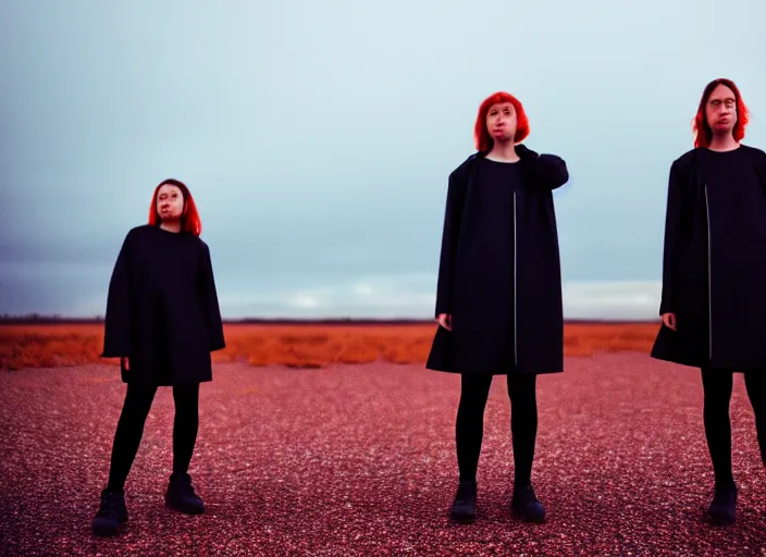 Image similar to cinestill 5 0 d closeup photographic portrait of two clones in front of a brutalist metal building, techwear women, on a desolate plain, red sky, black oversized clothes, depth of field, 4 k, 8 k, hd, full color