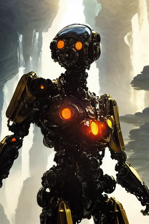 Image similar to detailed intricate digital illustration by greg rutkowski and artgerm and wlop and sanford robinson gifford ; sleek, chrome mech suit, floating with shimmering waterfall in the background ; 1 3 mm film, arri alfa anamorphic lens ; sharp focus, golden hour lighting, mist ; trending on artstation 4 k ; close view