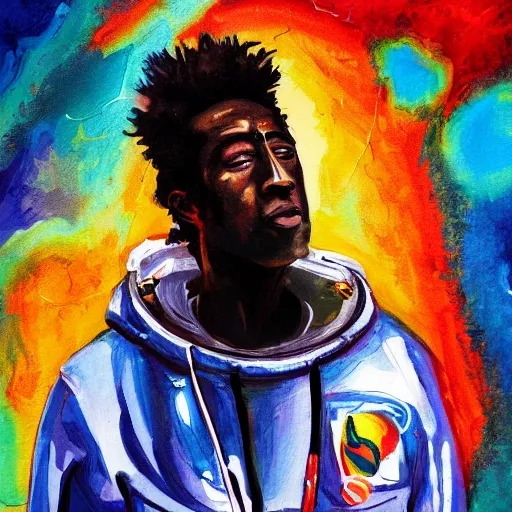 Image similar to a messy painting of Saul Williams in space.Trending on ArtStation