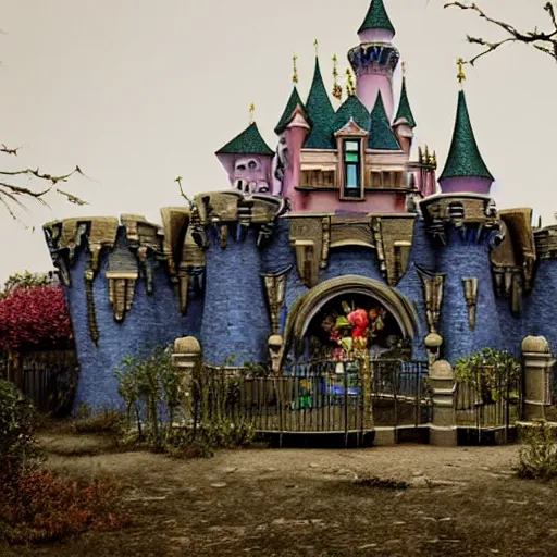 Prompt: An abandoned Disneyland, ominous photo, photo realistic, trending on artstation, by Albert Bierstadt,