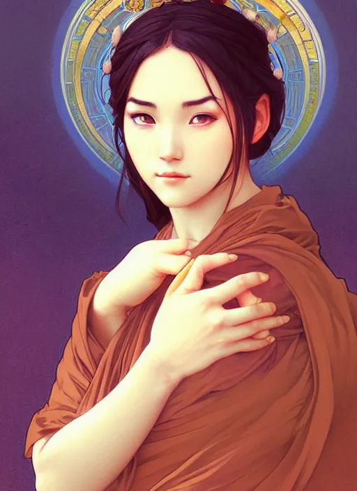 Prompt: A beautiful female monk, highly detailed, digital painting, smooth, sharp focus, tarot illustration, art by artgerm and alphonse mucha, high definition digital art, in the style of Ross tran and ilya kuvshinov