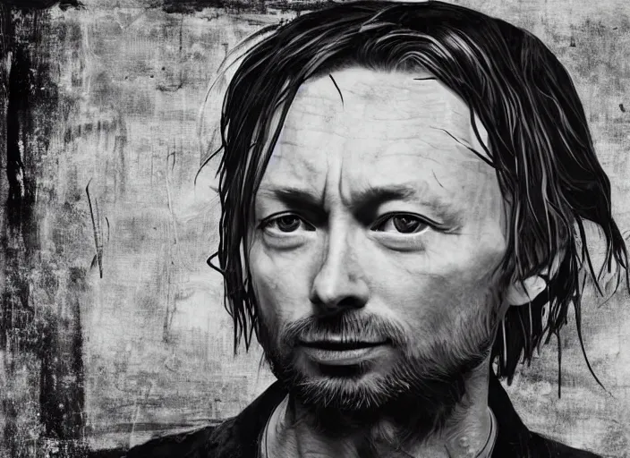 Image similar to photograph of print of thom yorke picture on a table, hyper realistic, variations of thom yorke, forest, high quality photograph, mixed styles, intricate details, diverse colors, deep emotional impact, photograph of print