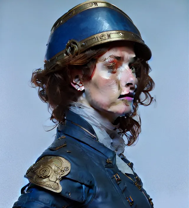 Prompt: portrait of a british woman wearing a blue traditional nineteenth century military jacket, metal shoulder pauldrons, intricate, highly detailed, digital painting, artstation, concept art, sharp focus, cinematic lighting, illustration, art by artgerm and greg rutkowski, alphonse mucha, cgsociety