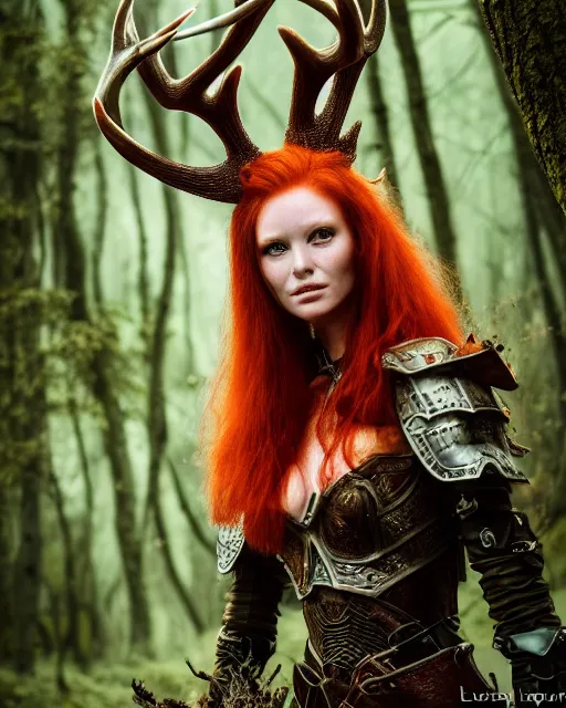 Image similar to 5 5 mm portrait photo of an armored redhead woman warrior, and antlers growing from her head, in a magical forest. by luis royo. highly detailed 8 k. intricate. lifelike. soft light. nikon d 8 5 0. cinematic post - processing