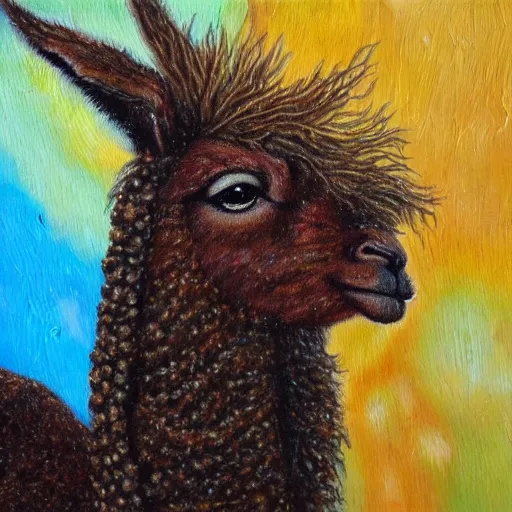 Prompt: highly detailed oil painting of llama with dreadlocks, desert with starfall in the night sky on background, hyperrealistic painting