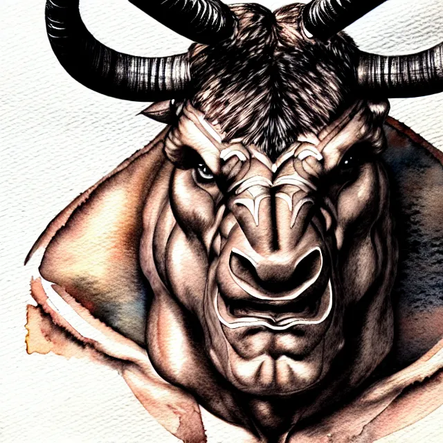 Prompt: portrait, mutant minotaur, watercolor, dramatic lighting, extremely high detail, pen and ink, intimidating, intricate line drawings, artstation, deviantart, WLOP, Pixiv