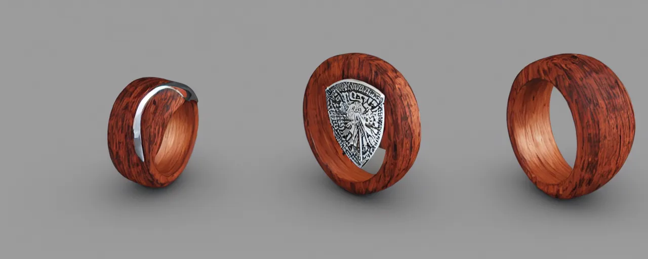 Image similar to simple wooden ring with a shield ornament, ring, wood, steel, tungsten, smooth shank, engravings, product design, jewelry, art by gerald brom, greg rutkowski and artgerm and james jean and zdzisław beksinski, 8 k, unreal engine, c 4 d