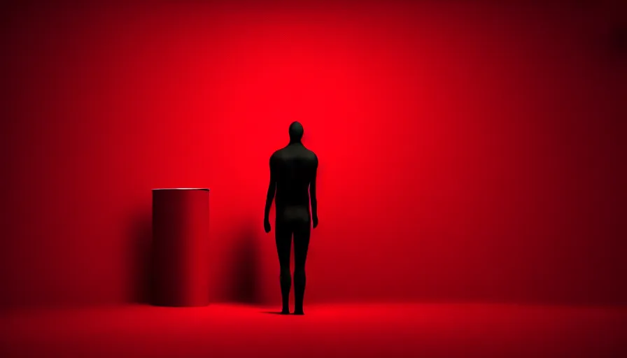 Image similar to enigmatic figure wrapped in red sheet in darkness, high contrast, hard light, digital art, rendering, cloth simulation, redshift