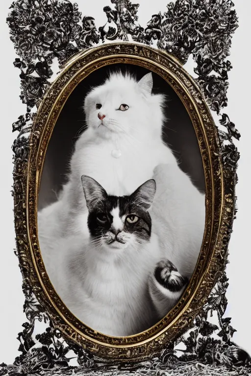 Image similar to a silver gelatin photo portrait of a royal cat, editorial photo from cat lovers magazine, outrageously fluffy, on an embroidered velvet cushion on a neo - rococo gilded little bed, photography, wide shot