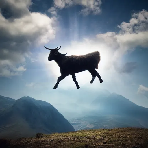 Image similar to half man half goat on a flying horse, clouds, mountains, epic, geek gods, volumetric lighting