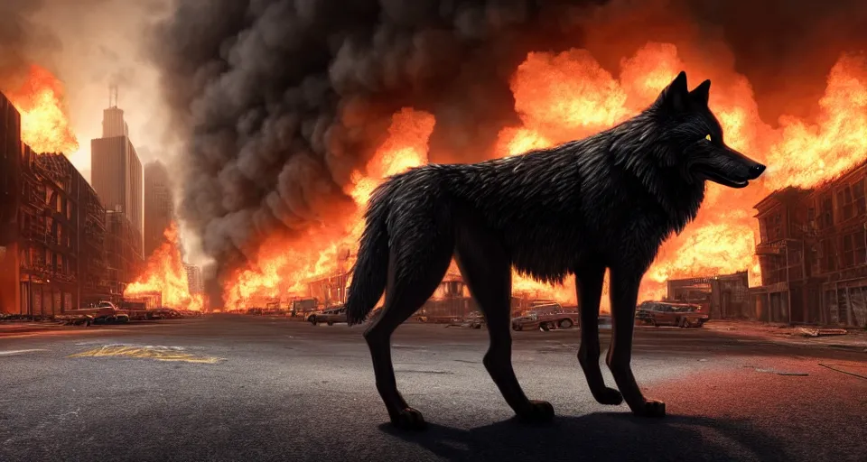 Prompt: A beautiful hyper realistic ultra detailed lifelike matte painting of a scruffy black Timber Wolf standing in the middle of a post-apocalyptic New York City street with cars and buildings engulfed in flames on fire, unreal engine, deviantart, flickr, artstation, octane render, textured, colorful, extreme realistic detail, physically based rendering, pbr render, very detailed, volumetric lighting, detailed lighting, octane render, 4k, cinematic lighting, 8k resolution