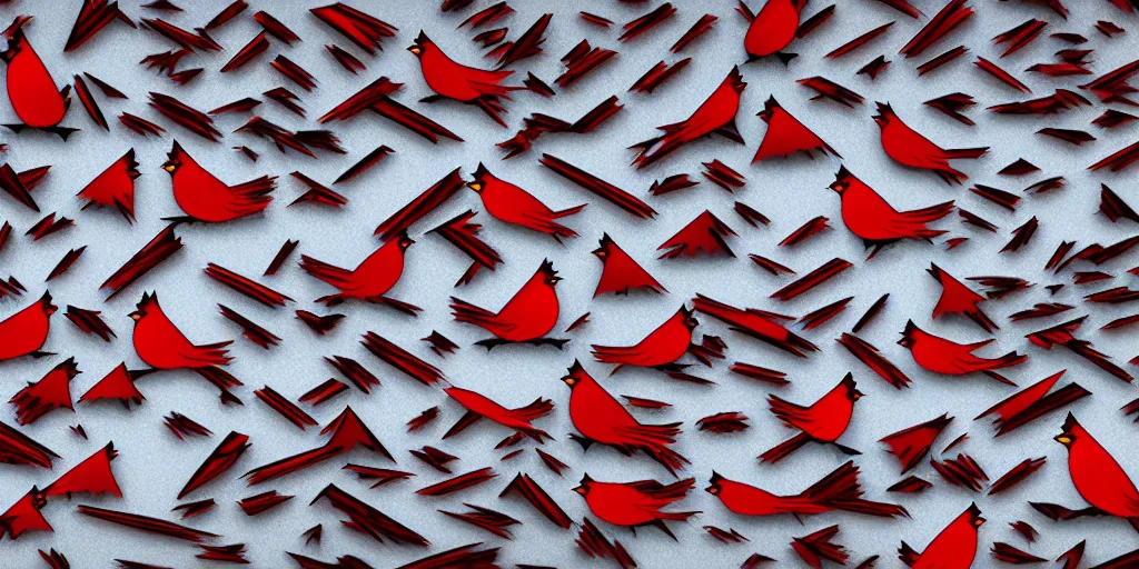 Prompt: irregular fractals of cardinals, segmented broken glass shards, motion blur, distortion