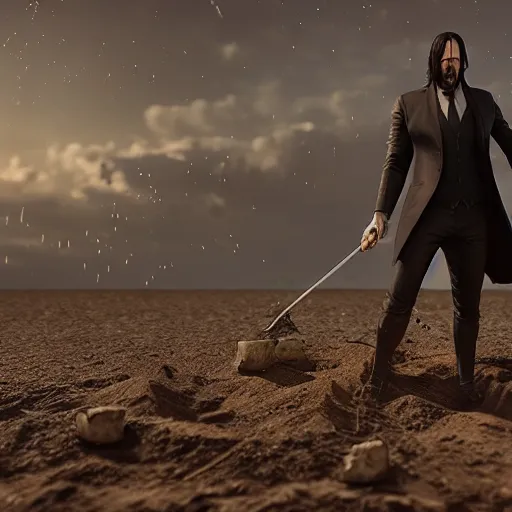 Image similar to john wick digging potatoes in belarus, instagram photo, photorealistic, hyper detailed, hyper realistic, houdini, vfx, unreal engine 5, octane render, 8 k