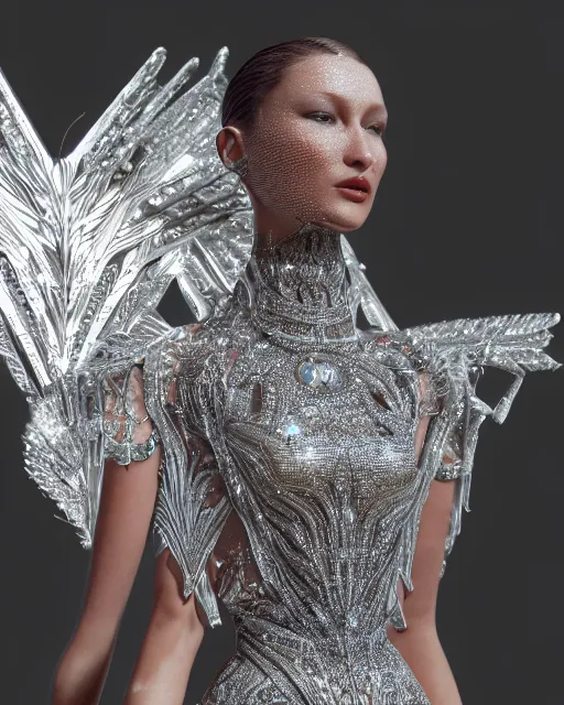 Image similar to a highly detailed metahuman 8 k close up render of bella hadid catwalk renaissance in iris van herpen dress schiaparelli in diamonds crystals swarovski and jewelry iridescent in style of alphonse mucha trending on artstation made in unreal engine 4