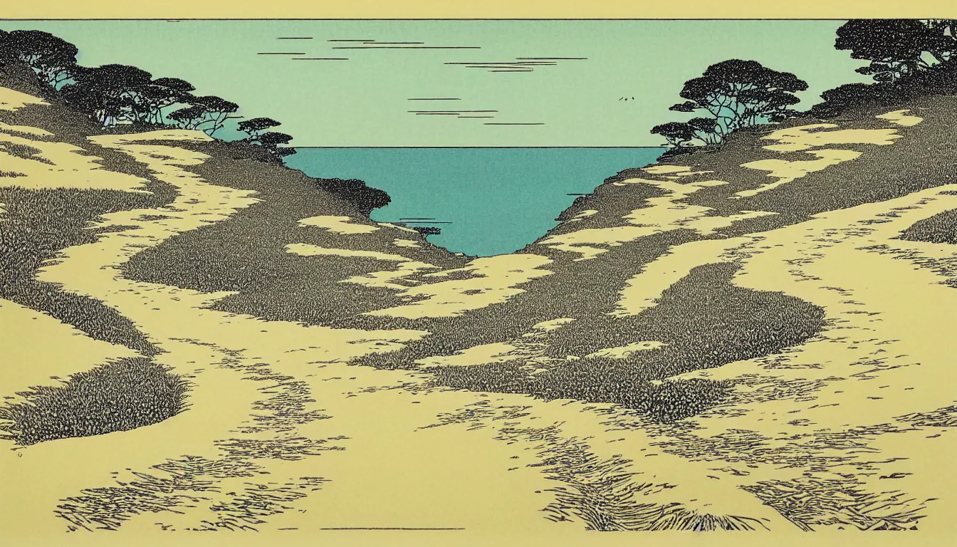 Prompt: path down the hill to the beach by woodblock print, moebius