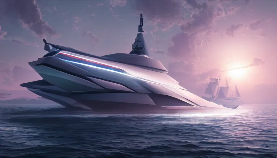 Image similar to a futuristic sport yacht by artgerm and greg rutkowski volumetric light, detailed, octane render, midsommar