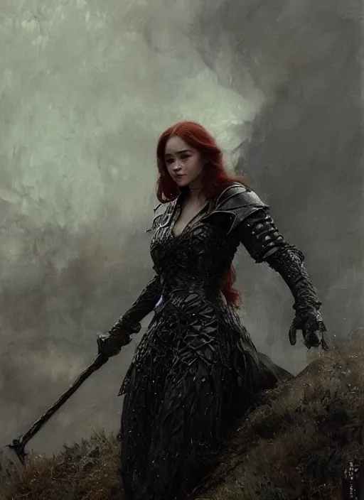 Image similar to mischievous redhead emilia clarke wearing full body dark black medieval armour, detailed, by gaston bussiere, bayard wu, greg rutkowski, giger, maxim verehin, greg rutkowski, masterpiece, sharp focus, cinematic lightning