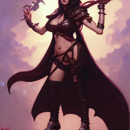 Prompt: portrait of sunny leone as a surly and resentful female tiefling thief with small horns clothed in leather armor and a cloak, angry expression, by Greg Rutkowski and John Collier and Krenz Cushart and Artem Demura and Alphonse Mucha and Albert Aublet, as seen on ArtStation, 4k, dungeons and dragons, very aesthetic, very detailed, intricate, unreal, fantasy, dramatic, painterly, artstation, sharp focus, smooth