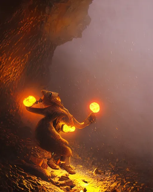 Image similar to oil painting of poor anthropomorphized mole mining gold, close shot, full body, dark steampunk mine shaft background, sharp focus, fantasy style, octane render, volumetric lighting, 8k high definition, by greg rutkowski, highly detailed, trending on art Station, dungeons and dragons artwork, centered