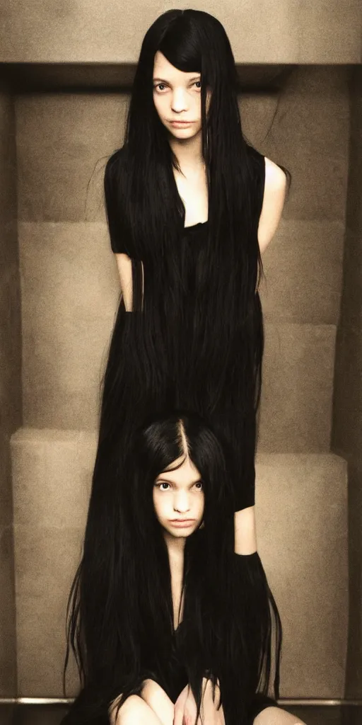 Image similar to photo of lonely young girl エウリン with straight long black hair wearing black dress that sitting on bathroom floor, photo made by mario testino and vanessa beecroft, model エリサヘス ・ セイモア from acquamodels. com, render by artgem and alphonse mucha for capcom co, resident evil