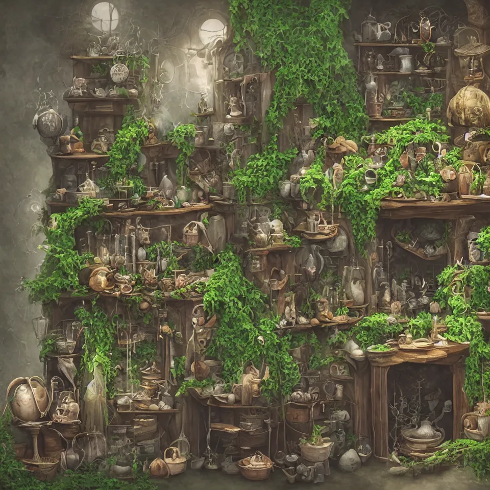 Image similar to small witch shop, counter, cauldrons, potions, visitor in a pointy hat, owls, ferns and vines, highly detailed, sharp focus, matte painting, by studio ghibli, by giovani magana,