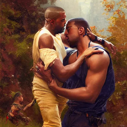 Image similar to a beautiful painting of handsome kanye west fighting handsome pete davidson, rendered art, highly detailed painting by gaston bussiere, craig mullins, j. c. leyendecker 8 k, trending on artstation, art