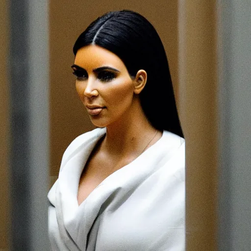 Image similar to real photo of a kim kardashian lookalike, behind bars. standing in jail cell