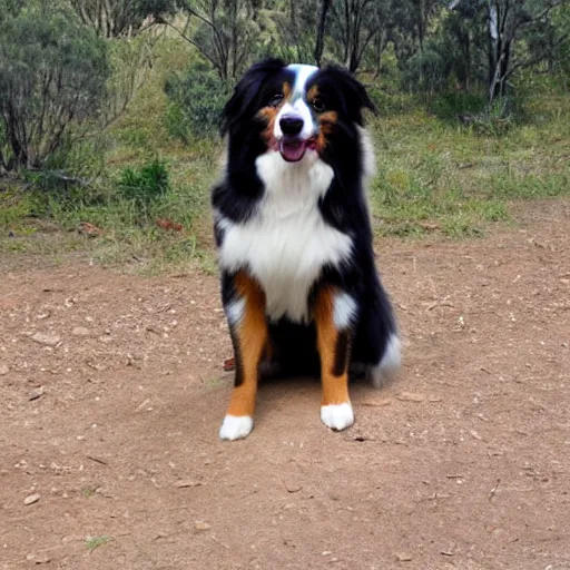 Prompt: australian shepherd being a good boy in hell