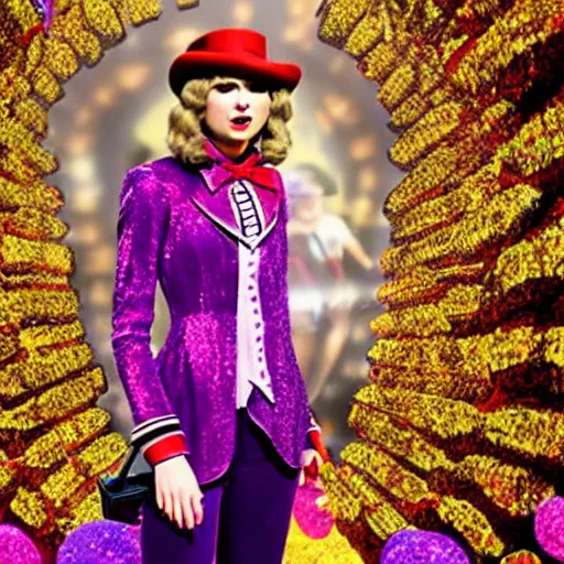 Image similar to still of taylor swift as willy wonka in willy wonka and the chocolate factory