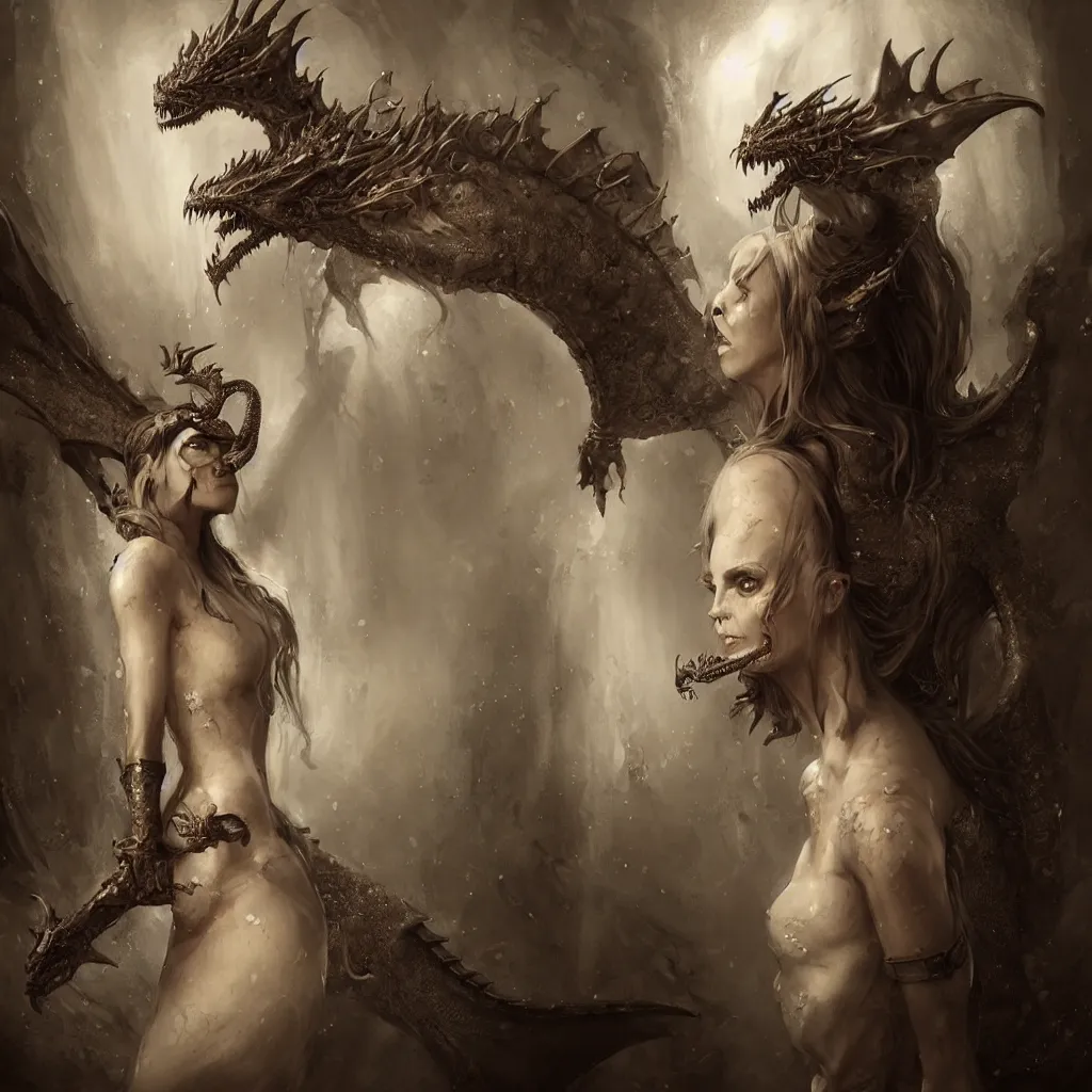 Image similar to a woman in a costume with a dragon on her head, an ultrafine detailed painting by Bastien Lecouffe-Deharme, featured on zbrush central, fantasy art, zbrush, detailed painting, ambient occlusion realistic cinematic style, filmed in 70mm, volumetric lighting, octane render, photographic, concept art, artist Leonardo DaVinci, unreal engine, 8k