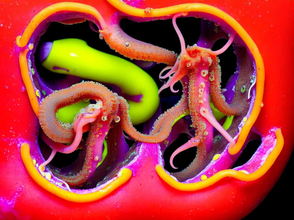 Image similar to a perfect portrait of a cross section of a squid with tiny humans burrowing wormlike through its juicy interior. macro extreme, eye popping wet colours.