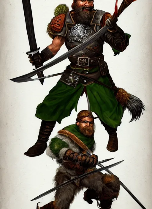 Image similar to strong young man, photorealistic bugbear ranger holding a flaming sword, black beard, dungeons and dragons, pathfinder, roleplaying game art, hunters gear, jeweled ornate leather and steel armour, concept art, character design on white background, by alan lee, norman rockwell, makoto shinkai, kim jung giu, poster art, colours red and green