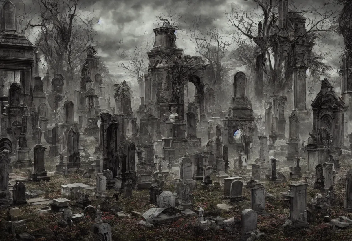 Prompt: decaying faces among the tombstones in demonic cemetery, colorfully ominous background, minimalism, hyper realism, matte painting, realistic, dramatic lighting, octane render, highly detailed, cinematic lighting, cinematic, volumetric, by rutkowsky and gerald brom and frazetta and rembrandt