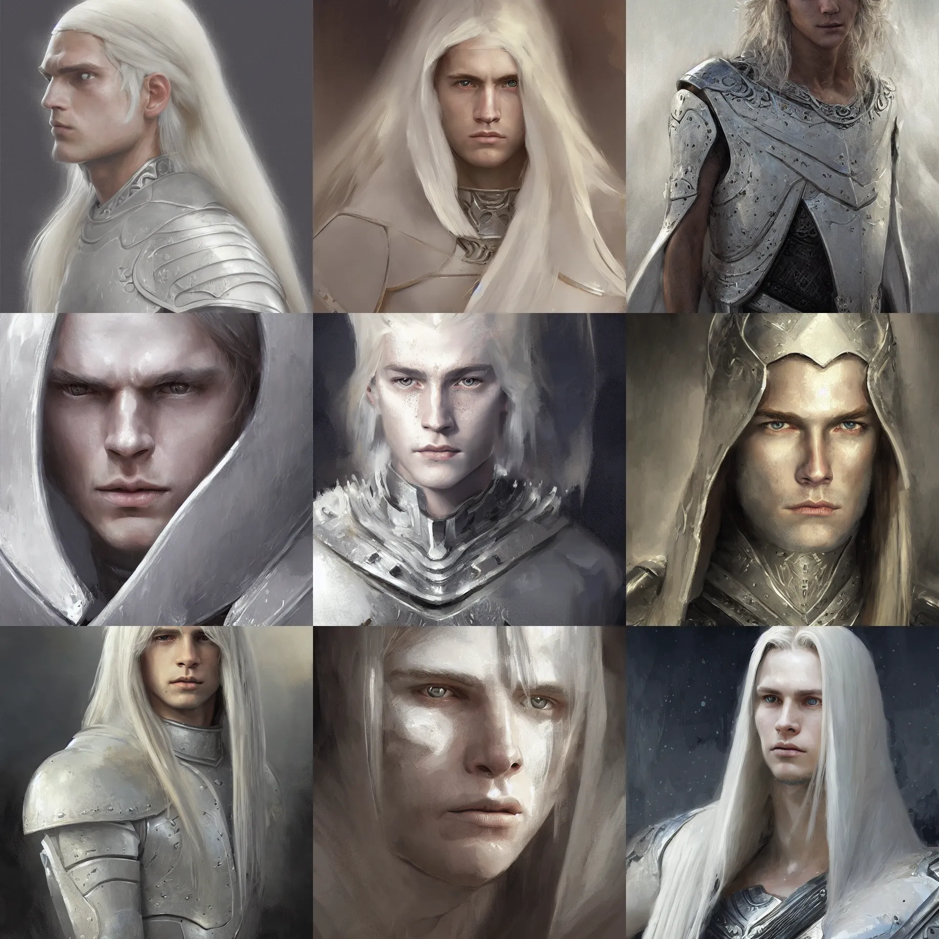 Prompt: digital art painting of young bjorn andresen, feminine beautiful face, white long straight hair, wearing a white silver armor dnd portrit painted by craig mullins and gaston bussiere and greg rutkowski, symmetrical face, defined facial features, symmetrical facial features, dramatic lighting, close up