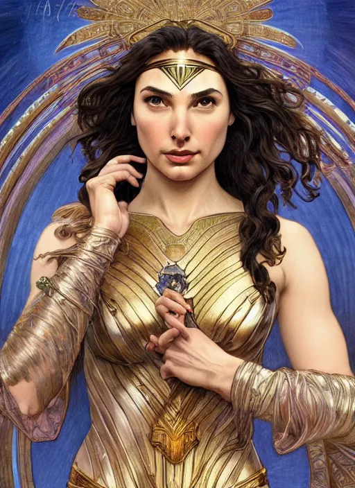 Image similar to Gal Gadot as God of Beauty, cute, fantasy, intricate, elegant, highly detailed, digital painting, 4k, HDR, concept art, smooth, sharp focus, illustration, art by alphonse mucha,artgerm, H R Giger