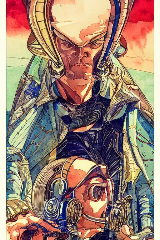 Image similar to zoomed out portrait of a duke, victorian era, art deco style, stylized illustration by moebius, juan gimenez, watercolor gouache detailed paintings in style of syd mead, metabaron, ghibli studio vibe, vivid colorful comics style, clean line, diesel punk,