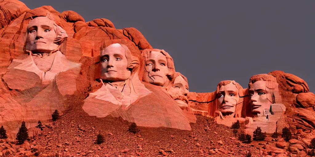 Image similar to statues of queens and empresses carved into a red mountain range on mars, sci - fi, landscape, mount rushmore